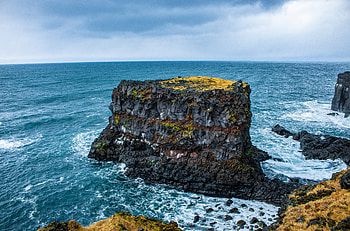 Rock, cliff, coast, blue sea, Iceland HD wallpaper