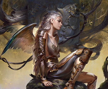 Angel, wings, art, mingzhu yang, girl, fantasy, game, legend of the cryptids, luminos HD wallpaper