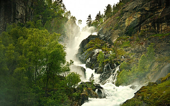 high mountain waterfall, waterfall, grass, tree, mountain HD wallpaper
