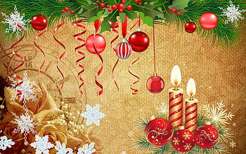 Christmas background, toys, ribbon, cute, balls, snowflakes, christmas, candles, clock, tinsel HD wallpaper