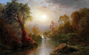 Autumn, art, tree, painting, pictura, luminos, water, toamna, frederic edwin church, sun HD wallpaper