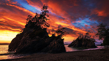 Bamfield, Vancouver Island. Canada, coast, clouds, trees, colors, sky, rocks, fiery HD wallpaper