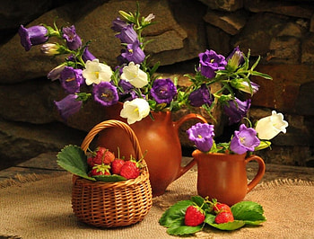 LITTLE BELLS, cups, wicker, still life, strawberries, fruit, flowers, baskets, pottery HD wallpaper