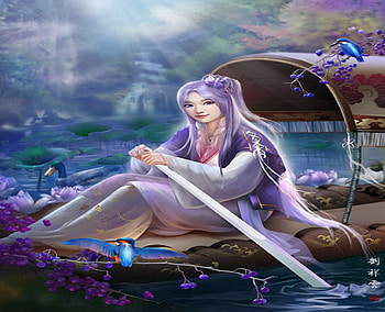 Beauty Day, boat, chinese girl, purple hair, long hair, sunrise, beauty, fog, petals, flower, water, cloud, sexy, duck, bird, text, blue eyes, smile, hot, beautiful, lake, flower hair, fantasy, cool, nature HD wallpaper