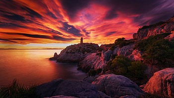 Spanish coast near Valencia, sea, lighthouse, clouds, mediterranean, colors, sky, rocks, sunset HD wallpaper