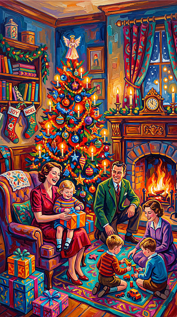 Retro Yuletide Family , Christmas Tree, Fireplace, Gift HD phone wallpaper