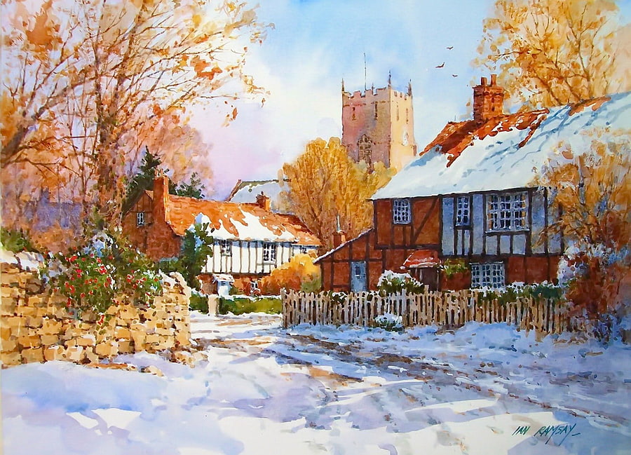December in the village, winter, colors, peaceful, serenity, nice, season, painting, snow, trees, decembes, frost, frozen, house, beautiful, cabin, pretty, icy, branches, cottage, lovely, calmness, ice, village, countryside HD wallpaper