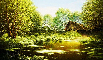 Old Cabin, artwork, river, painting, hut, trees, countryside HD wallpaper