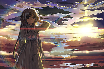 the horizon, horizon, sun light, girl, beautiful, dress, wind, anime, pretty, clouds, sun rise HD wallpaper