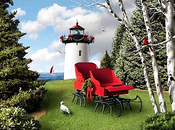 Waiting For Snow, sleigh, seagull, painting, clouds, trees, cardinal, Lighthouse HD wallpaper