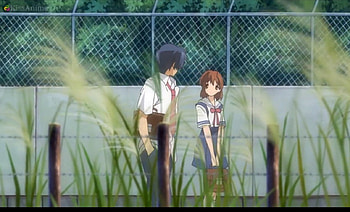Way 2 School, nagisa, uniform, okazaki tomoya, tomoya, school uniform, clannad, walk, beauty, nice, couple, female, sweet, furukawa, scene, walking, talk, girl, beautiful, grass, okazaki, anime girl, talking, anime, pretty, anime couple, lovely HD wallpaper