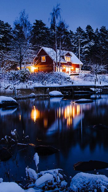 Lake House in Winter, night, snow, lake, house, graphy, winter, winter night, night snow HD phone wallpaper