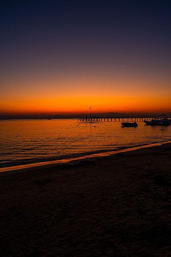 Sunset, Twilight, Beach, Boats, Dark, Pier, Dusk HD phone wallpaper