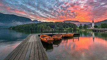 Bohinj Lake, Slovenia, hills, boats, trees, colors, pier, clouds, sky, sunset HD wallpaper