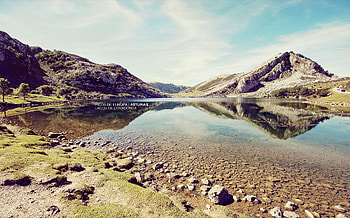 Landscape, Nature, Stones, Mountains, Lake, Shore, Bank, Color, Colors, Inscription, Faded HD wallpaper