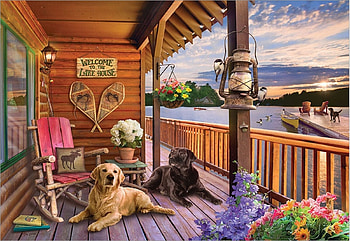 Welcome to the Lake House, flowers, veranda, cabin, chair, painting, dogs HD wallpaper