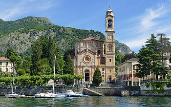 Church by Lake Como, Italy, Como, montain, Italy, sailboat, church, lake HD wallpaper
