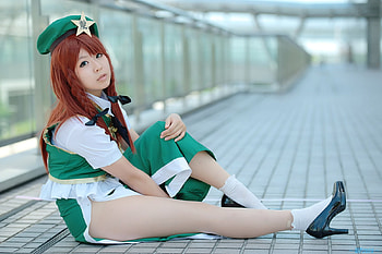 Hong Meiling by Makiron, orange hair, uniform, thighhighs, hong, cosplayer, makiron, sexy, white, hong meiling, outfit, high heels, hot, girl, orange, star, anime girl, anime, costume, green, touhou, cosplay, meiling, beret HD wallpaper