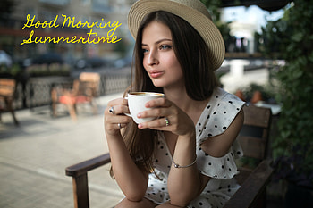 Good Morning Summertime, coffee, summer, model, brunette HD wallpaper