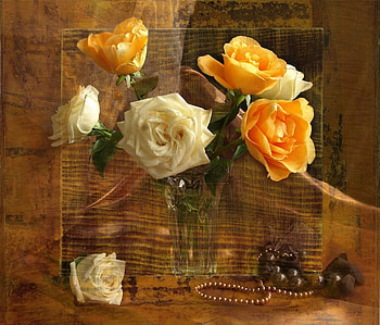 still life 1, composition, art , white, roses, perle, nice, still life, glass vase, vater, yellow HD wallpaper