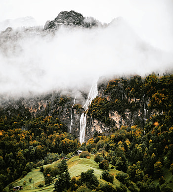Nature, Trees, Mountains, Clouds, Rocks, Waterfall, Fog HD phone wallpaper
