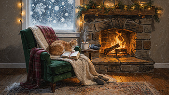 Cozy Winter Hearth —, Cat, Fireplace, Book, Snow HD wallpaper