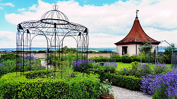 The Garden, purple, green, house, landscape, garden, sky, cloud HD wallpaper