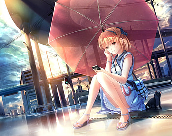 city, umbrella, skyline, black, girl, cat, hq, beautiful, dress, anime, pretty, , sunset HD wallpaper