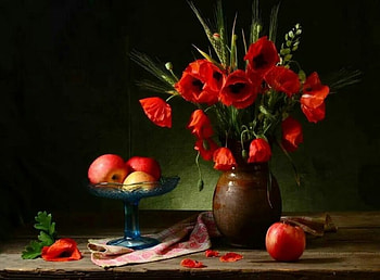 Still life on a black background, Apples, Flowers, Fruits, Poppies, Vase HD wallpaper