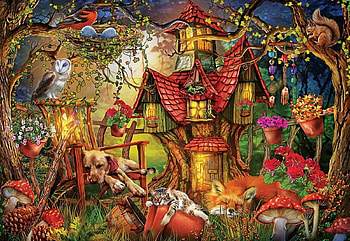 Time for misery, dog, art, house, sleepy, cat, mushrooms, owl, fox, digital, forest, squirrel HD wallpaper