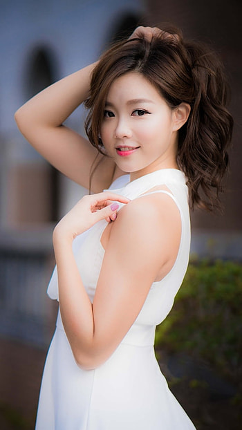 white dress, smile, brunette, model, woman, asian HD phone wallpaper