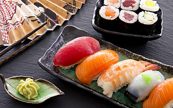 Fresh sushi rolls, Japanese cuisine, Seafood delicacy, Food art HD wallpaper