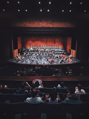 Capture of a live orchestra setup in an indoor concert hall with audience seated. HD phone wallpaper