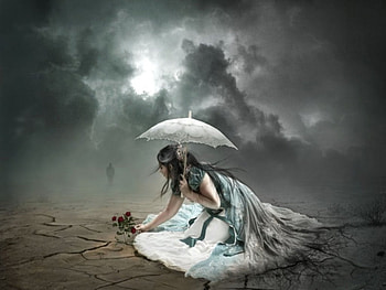 when darkness fades, umbrella, woman, cloud, flower HD wallpaper
