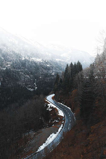 Nature, Trees, Mountains, Road, Snow Covered, Snowbound, Winding, Sinuous HD phone wallpaper
