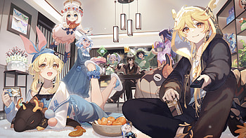 Genshin Impact : Lumine, Aether, Paimon & Furina Gathering, Genshin Impact, Lumine (Genshin Impact), Aether (Genshin Impact), Paimon (Genshin Impact), Furina (Genshin Impact) HD wallpaper