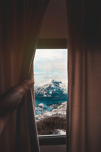 Nature, Mountains, Window, View, Curtain HD phone wallpaper