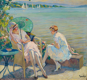 Summer day, blue, umbrella, art, edward cucuel, girl, lake, woman, summer, painting, pictura, water HD wallpaper