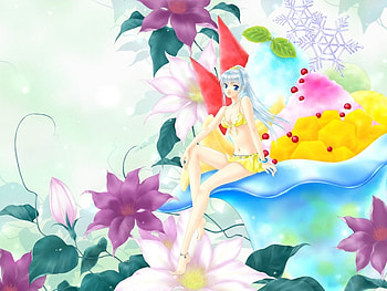 Chibi Girl, sexy, hot, cute, girl, small, food, anime girl, chibi, anime, big, flower, giant, female HD wallpaper