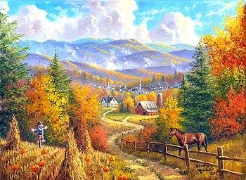 Harvest Time, scarecrow, attractions in dreams, paintings, pumpkins, love four seasons, horses, rural, villages, fields, autumn, nature, harvest, fall season, countryside HD wallpaper