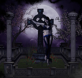 ~F O R E V E R~, night, plants, cross, cute, digital art, dress, charm, moon, trees, lips, grave, female, gothic, sweet, model, roses, eyes, other, beautiful, grass, dark, fantasy, pretty, light, pillar, face, girls, flowers, hair, for you, forever, cherry trees HD wallpaper