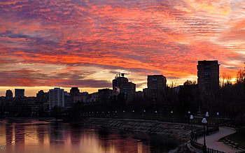 Cities, Rivers, Sky, City, Building, Shore, Bank, Shine, Light, Evening HD wallpaper