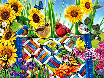 Quilting Bee - Birds FC, computer graphics, design, birds, sparrow, painting, butterfly, quilt, goldfinch, pattern, cardinals, art, beautiful, illustration, artwork, wide screen, bluebird, texture, flowers HD wallpaper