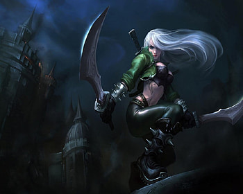 Female Warrior, swords, white hair, tattoos, castle, woman HD wallpaper