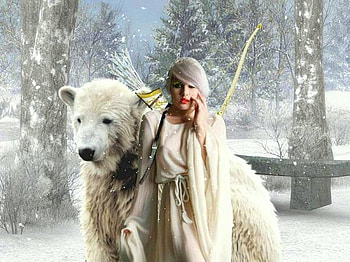 Beauty And White Bear, animal, beautiful, woman, fantasy, abstract, bear, snow, winter forest, friendship HD wallpaper
