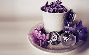 Flowers, Lilac, Clock, Tea-Set, Tea Set, Perfume HD wallpaper