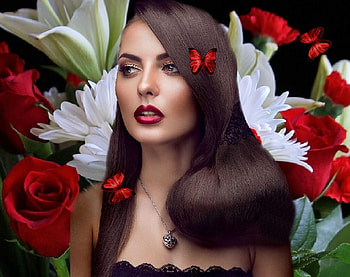 Beauty Amidst Beauty, gorgeous, feminine, girl, beautiful, woman, artistic, butterflies, lady, creative, fantasy, pretty, red, flowers, women, lovely, female HD wallpaper