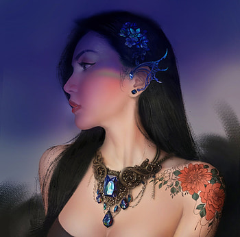 Beauty, blue, profile, frumusete, nkart, tattoo, gorgeous, nk, girl, n k, dark, superb, jewel, fantasy, red, portrait, luminos, flower HD wallpaper