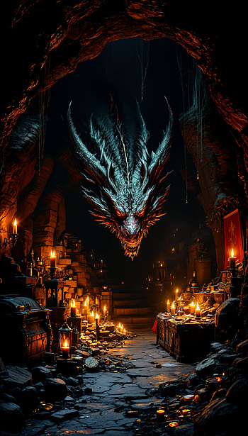 Dragon Lair : Dark Cave Guardian in Fiery Glow, dragon, cave, dark, candle HD phone wallpaper