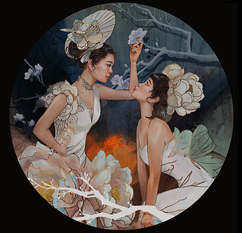 Playful girls, min fu, minfu, black, asian, art, fantasy, couple, girl HD wallpaper